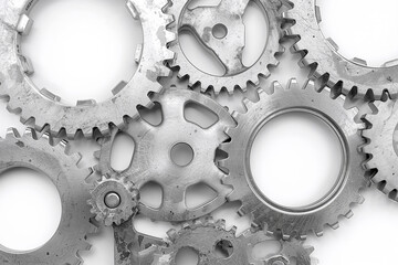 Close up of interlocking metal gears showing industrial machinery, mechanical engineering, teamwork, precision technology and power transmission concept with steel cogwheels in motion