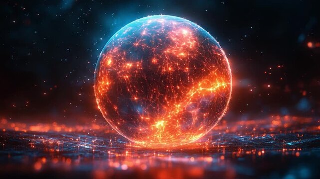 Celestial Orb: A mesmerizing representation of a cosmic sphere, glowing with a vibrant fusion of fiery hues, floating against a dark, star-studded expanse