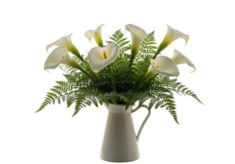 Elegant white calla lily and fern arrangement in a cream pitcher isolated on transparent background