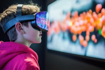 Child explores virtual reality with headset while viewing digital art installation
