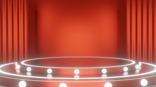 3D animated theater stage with red curtains sales social media post template, suitable for travel agencies or product promotions.