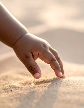 Baby's hand touches warm sand; sunlight casts shadow