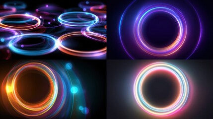 Glowing rings Abstract neon circles with vibrant colors on a dark backdrop