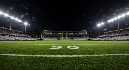 Fototapeta premium Empty stadium at night green field and bleachers illuminated by lights