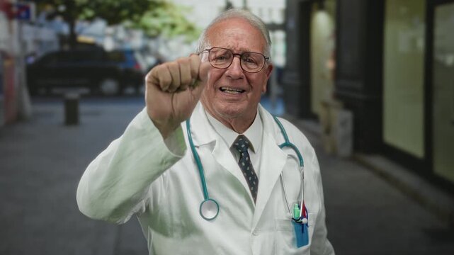 Senior doctor man wearing uniform with stethoscope stands outdoor on street showing confident expression and determination.