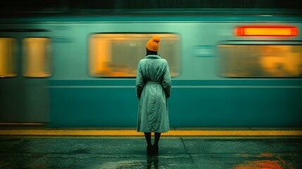 Woman Waiting on Subway Platform, Blurred Train
