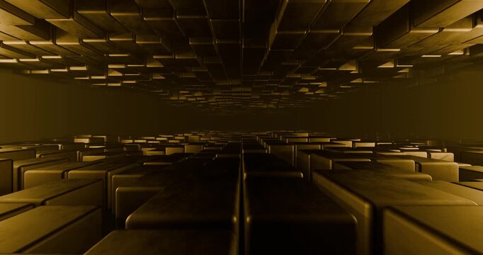 T&uacute;nel de cubos 3D dourados com movimento ondulante futurista