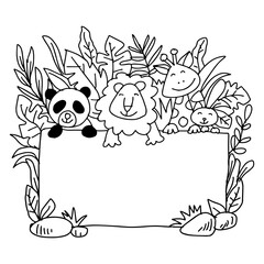 Cute cartoon animals and blank banner. Vector illustration for kids.