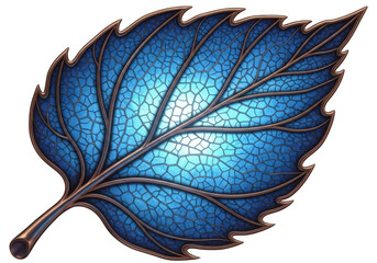 Intricate blue stained glass leaf with metallic veins isolated on transparent background