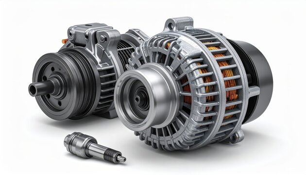 Three automotive components are displayed against a white background, showcasing a high-angle view of mechanical elements including an alternator with copper wiring and a pulley system, highlighting.