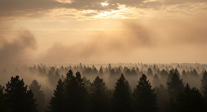 Forest silhouette under a cloudy sky during a golden hour sunrise or sunset