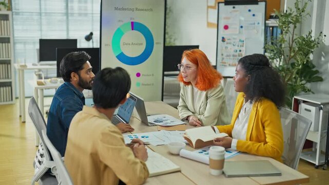 Diverse multiethnic fintech professionals collaborate in agile hackathon workshop, sharing adaptive business strategies through AI-powered big data analytics for exponential growth and convergent