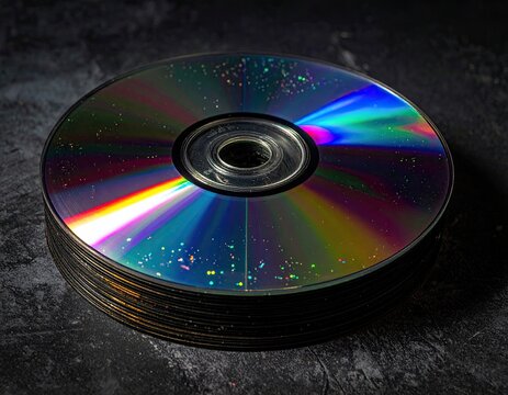 Stack of iridescent discs on textured surface with dark shadows
