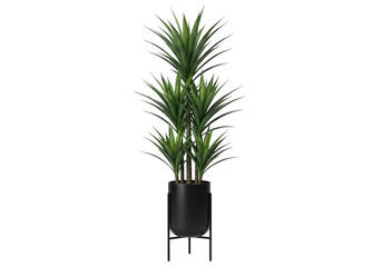 Tall artificial green plant with long leaves in a black pot isolated on transparent background