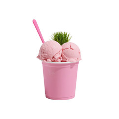 Delicate pink ice cream cup with fanciful green grass adornment on stark black canvas