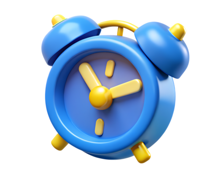 3d icon of blue and yellow cartoon alarm clock isolated on transparent background