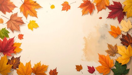 Fototapeta premium Autumn leaves border on beige background