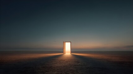 Mysterious glowing doorway in a dark landscape casting ethereal light symbolizing opportunity new beginnings and a path forward