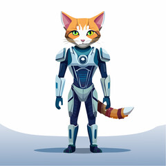 Courageous feline hero in advanced cybernetic armor, a modern vector illustration of a fantasy sci-fi character