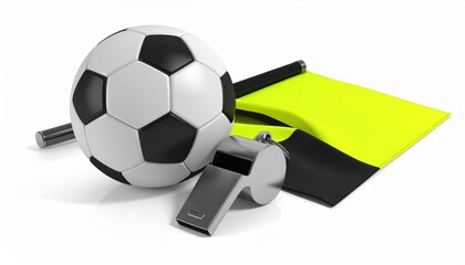 Sporting equipment is presented in a still-life composition, highlighting a soccer ball, referee's whistle, and a yellow flag with black stripes against a clean, white backdrop; the items are...