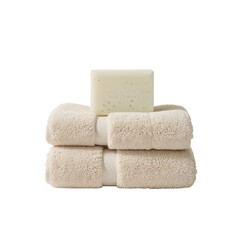 Tranquil spa essentials: elegant stack of towels and soap on a pristine black backdrop