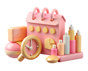 3d icon of 3d pink calendar with cosmetic bottles and clock isolated on transparent background