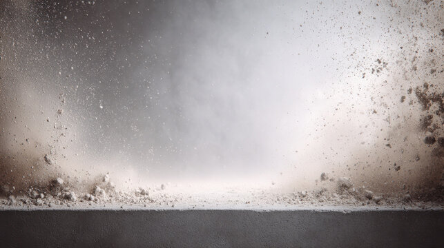 Concrete slump test at site shows fresh concrete falling and spreading with dust and debris in motion on construction ground