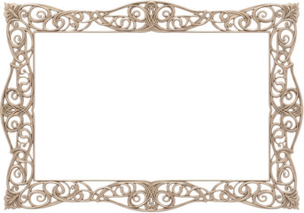 Ornate vintage rectangular metal picture frame with intricate scrollwork isolated on transparent background