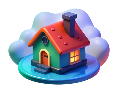 3d icon of cozy 3d cartoon house with chimney on a blue platform and clouds isolated on transparent background