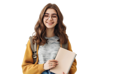a young, smiling woman, a student, holding a book and a bag, isolated on a transparent background.