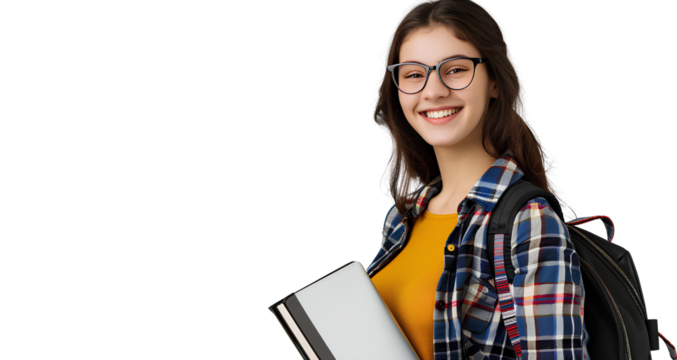 a young woman, a student, is smiling while holding a laptop and a book, against a transparent background.
