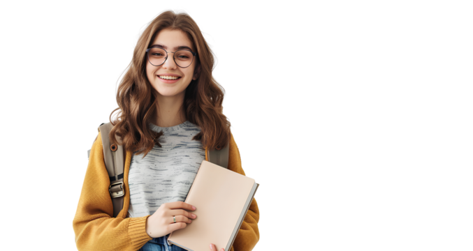a young, smiling woman, a student, holding a book and a bag, isolated on a transparent background.