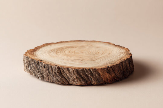 A natural round wood slice with visible growth rings and tree bark serves as a rustic podium against a plain beige background showcasing organic texture and simplicity