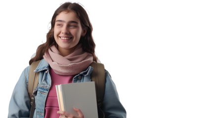 a young, smiling woman, a student, holding a book and a bag, isolated on a transparent background.