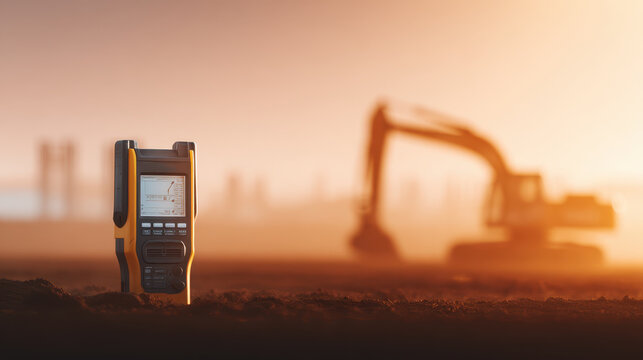 Concrete slump test at site with digital measuring device on soil and excavator in background during sunset