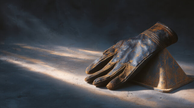 Leather glove on concrete slump test mold at site with dramatic lighting showing texture and construction work environment