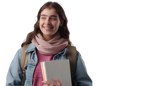 a young, smiling woman, a student, holding a book and a bag, isolated on a transparent background.