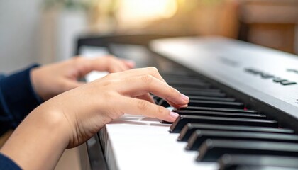Obraz premium Human hands gently playing a musical keyboard, showcasing focused concentration with soft, natural light illuminating the scene, highlighting the black and white keys and the person's actions.