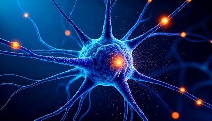 Detailed Neuron Cell Blue and Orange on Dark Background