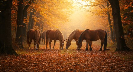 Horses grazing in autumn forest sunlight with golden foliage