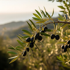 Close-up of a sunlit olive branch with ripe black olives. Mediterranean fruit ready for harvest in an orchard. Healthy food and agriculture concept