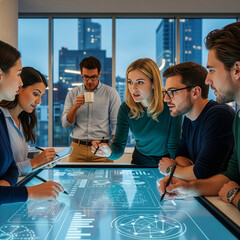 Diverse team of professionals analyzing data on a futuristic interactive table. Business colleagues collaborating in a modern office. Teamwork and innovation concept