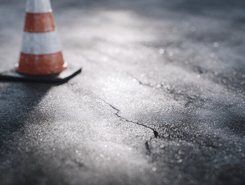 Concrete slump test at site shows cracked surface with safety cone placed for warning and repair work on road pavement
