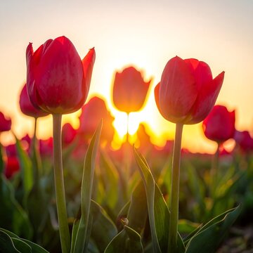 Backlit tulips in a field at sunset