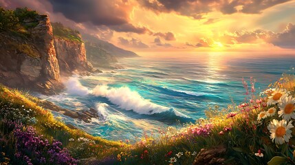 Vibrant sunset over dramatic coastal cliffs with wildflowers in foreground and tranquil ocean waves for scenic summer seascape peaceful nature landscape inspiration concept