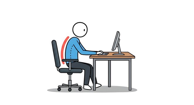 Person with incorrect posture sitting at desk and working on computer