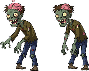 Cartoon zombies, funny undead monsters, creepy horror illustration, spooky Halloween design, comic style characters, green skin creatures, tattered clothes, exposed brain artwork
