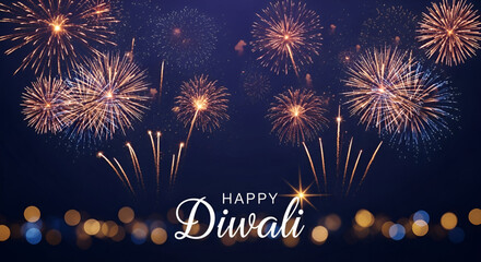 ​A Happy Diwali Night Scene With Golden Fireworks And A Bokeh Effect In The Foreground And Sky
