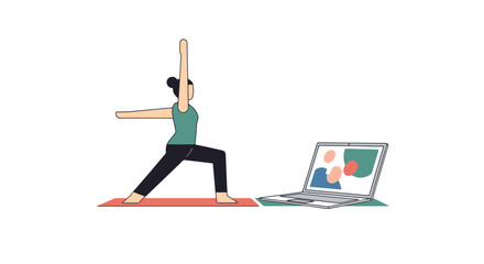 Woman practicing yoga online at home using laptop for virtual fitness classes, promoting wellness, flexibility, and healthy lifestyle in a modern setting.