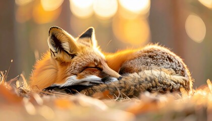 A captivating portrait captures a red fox peacefully resting amidst a sun-drenched forest setting, basking in the warm glow of the golden hour with its eyes gently closed, creating a serene and...
